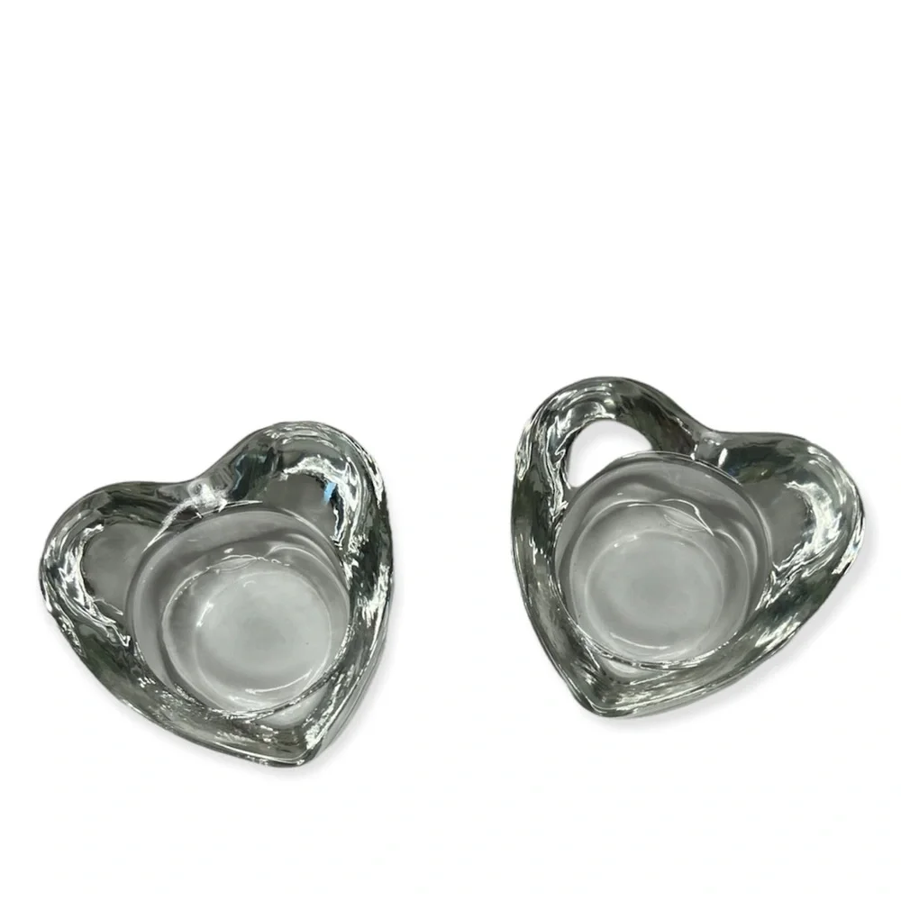 Set of 2 Clear Glass Heart Candle Holders Votive Tealight Romantic Decor